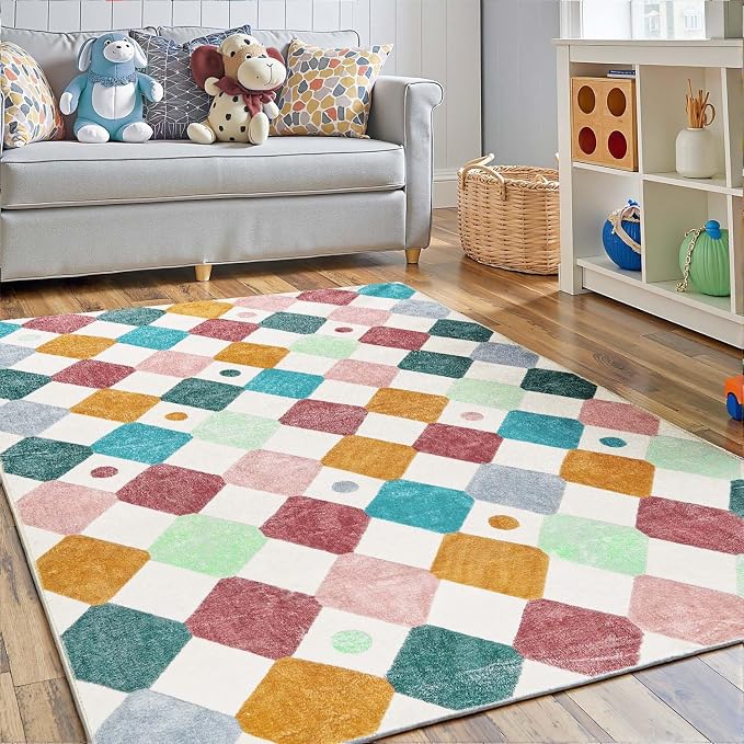jinchan Macy 4x6 Area Rug for Kids Room Modern Colorful Checkered Diamond by JINCHAN