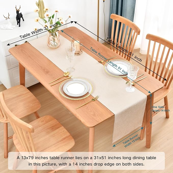 Faux Linen Table Runner Water Resistant 13 x 48 in, Neutral | Farmhouse Rustic - Image 2