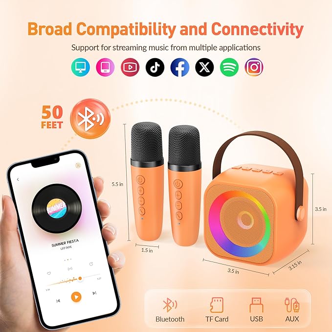 Karaoke Machine for Kids Adults: Mini Portable Karaoke Machine with 2 Wireless Microphones and Lights, Christmas Birthday Gifts for Girls Boys Family Home Party(Orange)