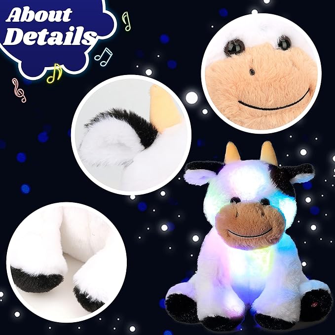 Cuteoy Glowing LED Cow Light-up Nightlight Toys Musical Plush Stuffed Animal Soft Singing Lullabies Birthday Christmas Plushies Gifts for Kids Boys Girls,10"