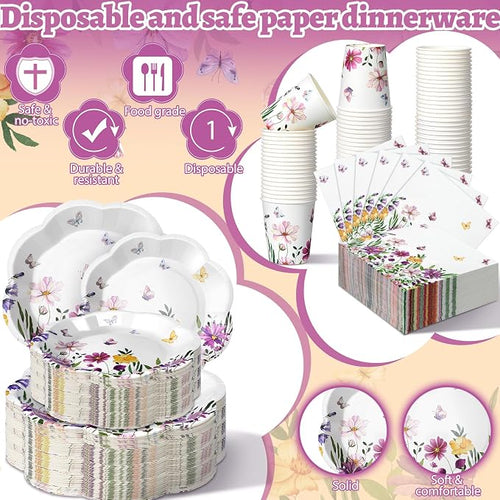 250 Pcs Wildflower Disposable Paper Plate Napkins | Disposable Paper Pink - Image 2