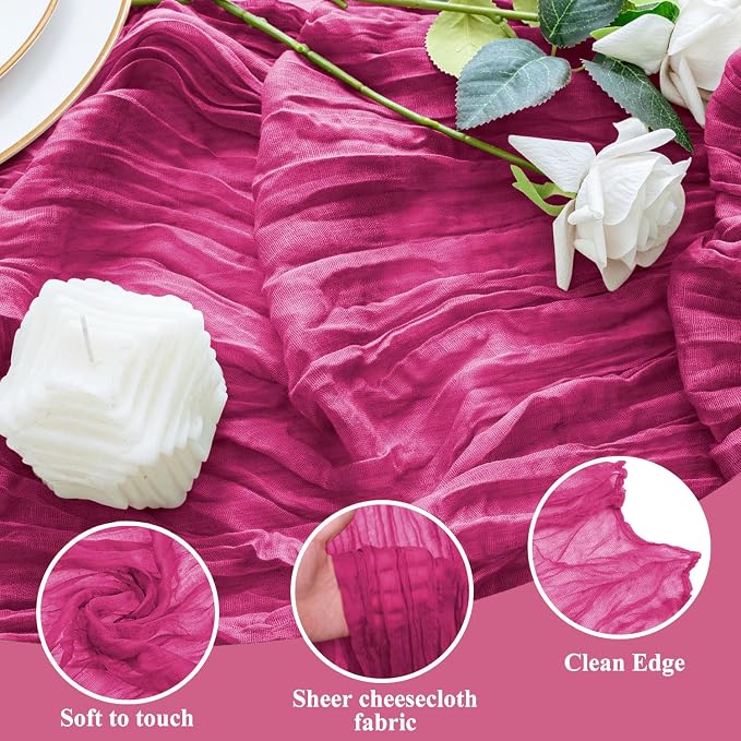 Cheesecloth Table Runner 10FT 12Pcs Fuchsia Boho Gauze Rustic Sheer Runners | - Image 3