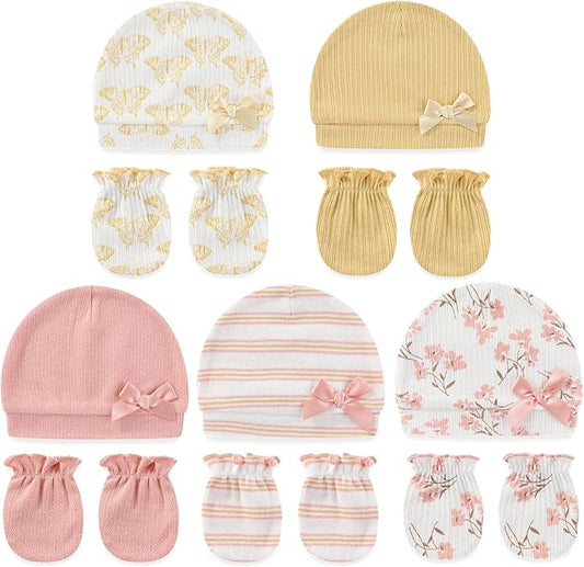 Cute Baby Girl Hats Mittens Set 10-Pack New Born Boy Caps Gloves Suit 0-6 Months Infant Accessories