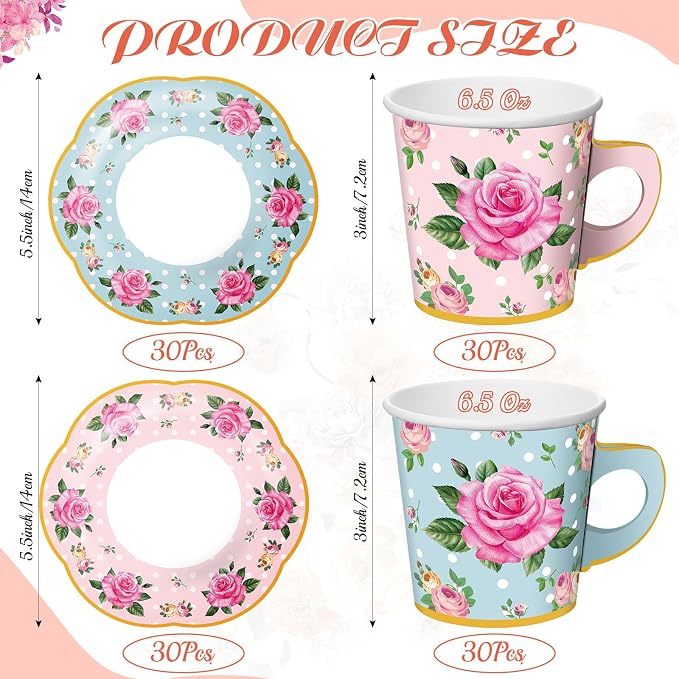 Umigy 60 Sets Floral Tea Party Decorations 6.5 oz Floral Paper Teacups & Saucer - Image 2