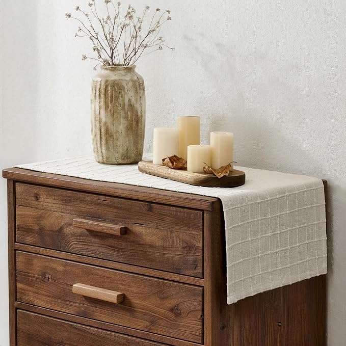 Artisanal Grid Linen Table Runner, 13x60 Inches Ivory | Heavy Textured - Image 3