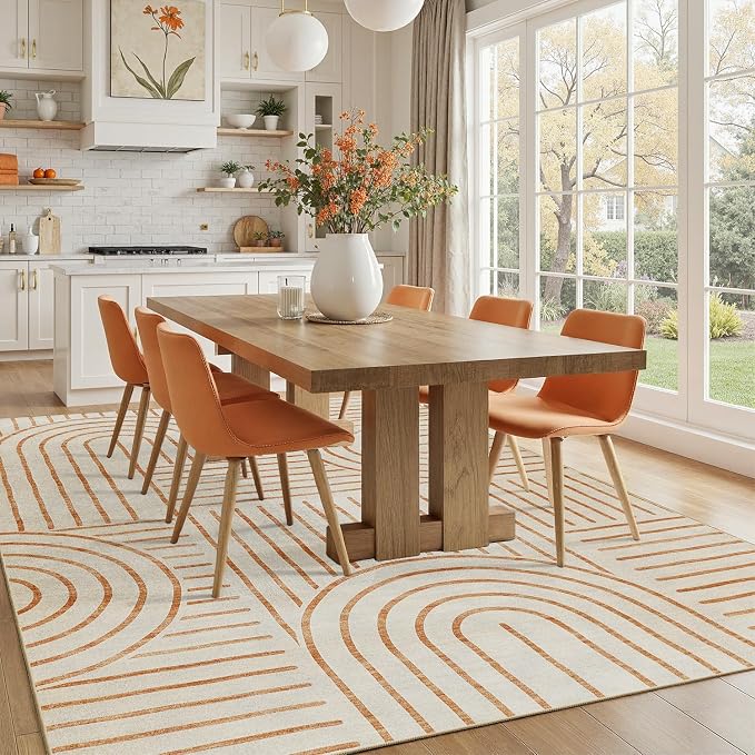 DCX Beige Machine Washable 6x9 Area Rug, Midcentury Modern Non Slip Stain - Image 4
