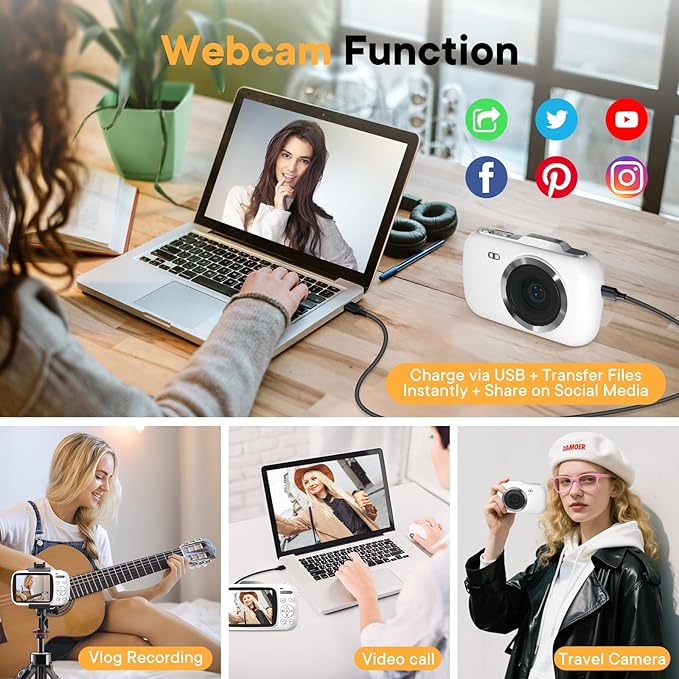 Digital Camera 4K 64MP - Vlogging Camera for Kids & Beginners | 18X Zoom Point and Shoot Camera Anti Shake, Compact with Flash, Gift for Boys Girls(White+Silver)