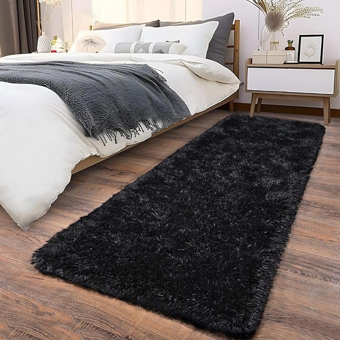Soft Runner Rugs for Bedroom Hallways, 2x5 Black Fluffy Shag Throw Area Rug Non - Image 6