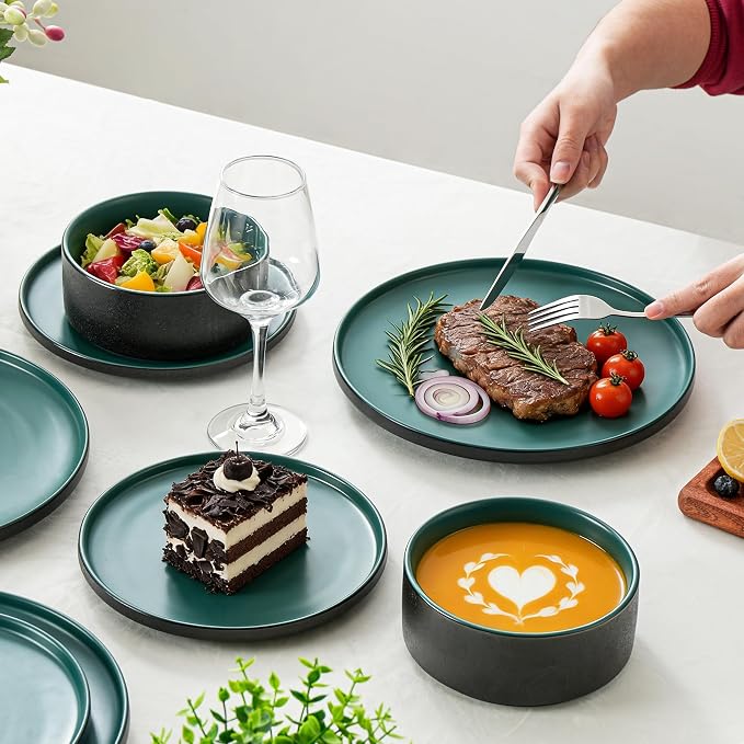 Ceramic Salad & Dessert Plates Set, 8 Inch, Modern Green | Stoneware, - Image 6