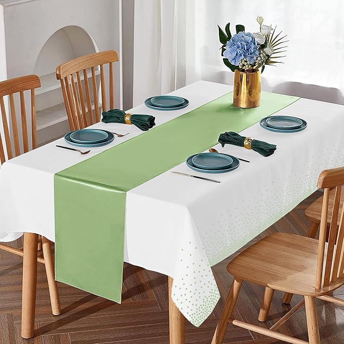 8Pack Plastic Tablecloths and Satin Table Runner Set Disposable White and Sage - Image 5