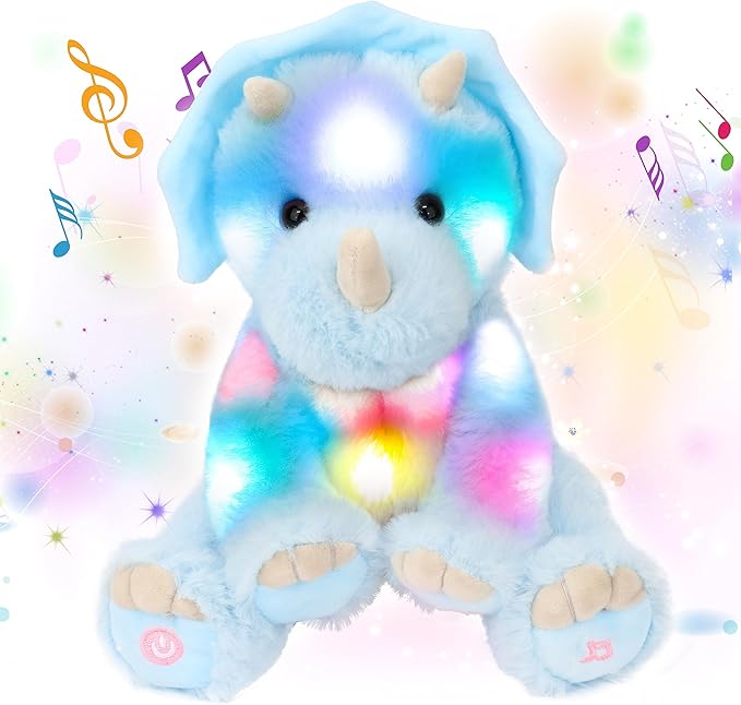 Cuteoy Light-up Singing Plush Blue Triceratops LED Musical Stuffed Animal Dinosaur Adjustable Volume Lullaby Plushies Birthday Christmas Toy Gifts for Kids Toddler Girls, 13"