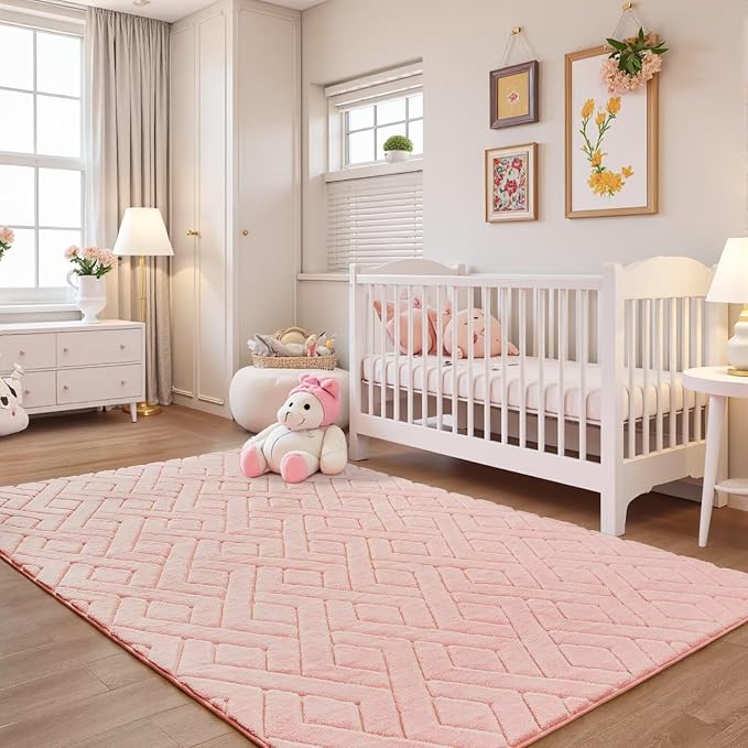 4x6 Pink Washable Area Rug for Girls Bedroom, Modern Geometric Shag Non-Slip - Image 5