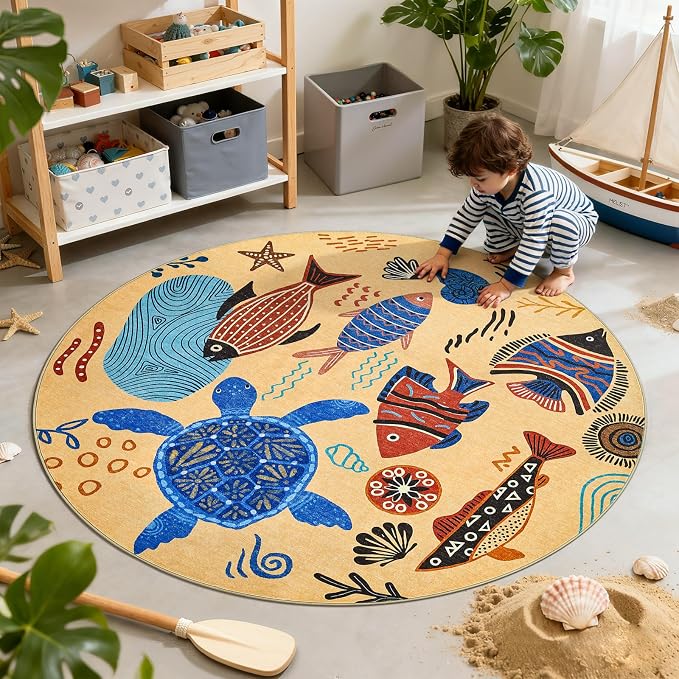 jinchan 5ft Coastal Round Rug Kids Washable Fun Rug Colorful Ocean Fish Floor by JINCHAN