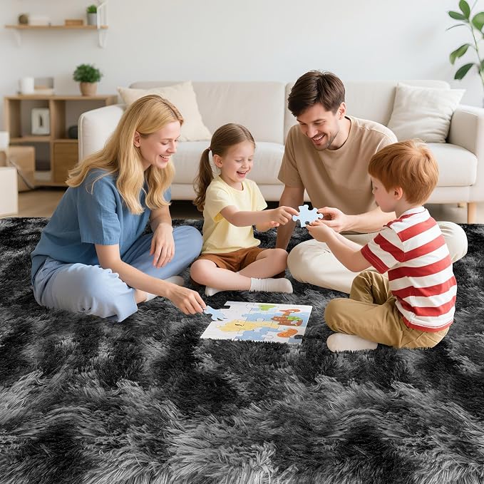 Soft Shaggy Rugs for Bedroom Living Room, 6x9 Tie-Dyed Dark Grey and Black Rug - Image 3