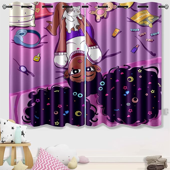 Black Girl Blackout Curtains 2 Panels 63" Inch Drapes for Kids Nursery Bedroom Purple Girls Blackout Curtains Cute Girls Themed Grommet Top Thermal Insulated Curtains for Nursery, 82" x 63"