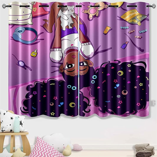 Black Girl Blackout Curtains 2 Panels 63" Inch Drapes for Kids Nursery Bedroom Purple Girls Blackout Curtains Cute Girls Themed Grommet Top Thermal Insulated Curtains for Nursery, 82" x 63"