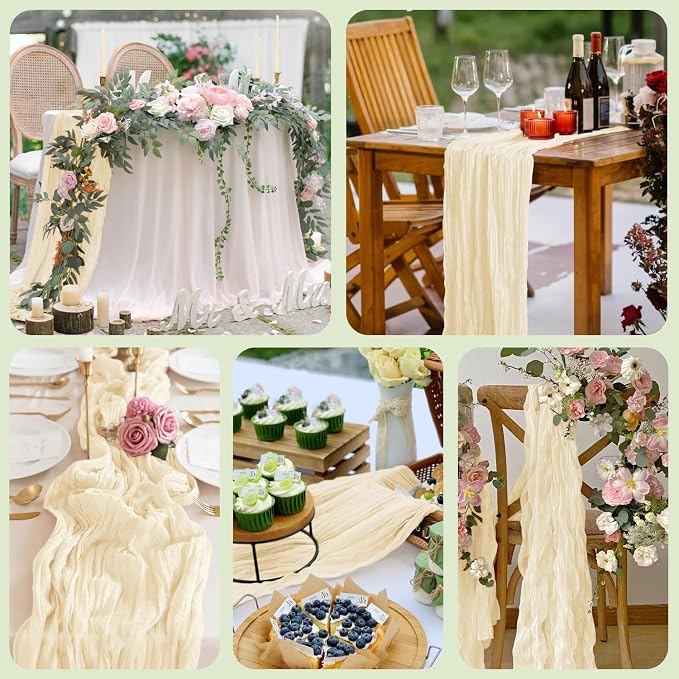 Cheesecloth Table Runner 10FT 2Pcs Beige Boho Gauze Rustic Sheer Runners | - Image 7