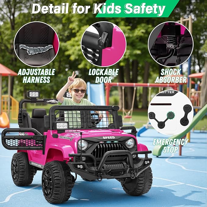 2 Seater Ride On Car Truck with Remote Control XL, Kids 24V Battery Powered Electric Vihicle w/21 in Seat, 3 Speeds, 2WD/4WD Switichable, Shock Absorbers,Bluetooth, Flower, Gift Choice