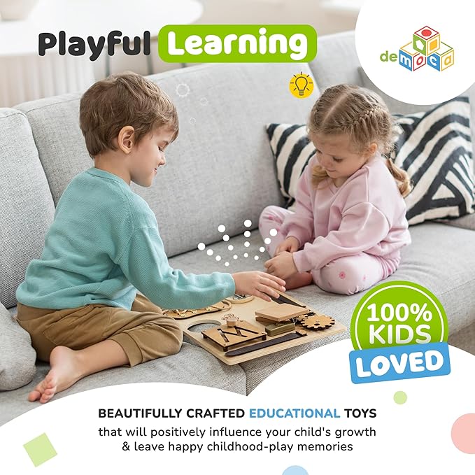 Montessori Busy Board for Toddlers, Premium Wooden Toddler Busy Board for 1 2 3 Year Old with 10 Educational Activities for Fine Motor Skills, Sensory Activity Toy for Travel, Gift for Boys & Girls