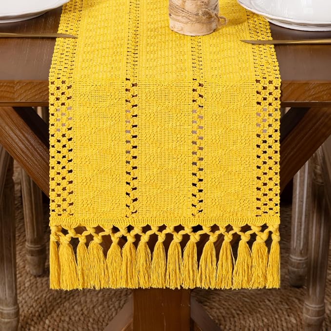 DeZerlor Yellow Boho Macrame Farmhouse Woven Table Runner 90Inch | Cotton Linen by DeZerlor