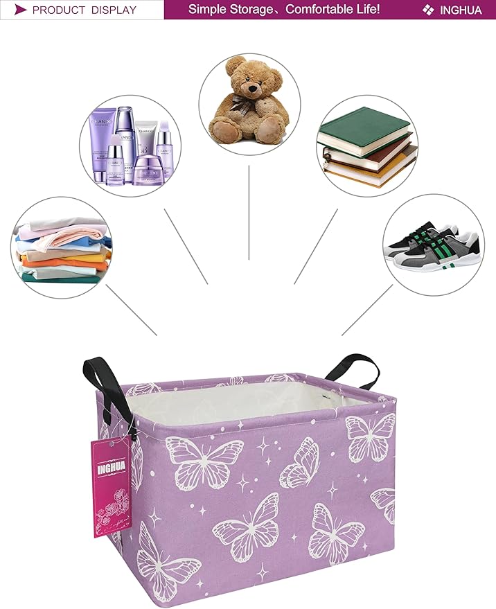 Rectangular Storage Basket Fabric Organizer Bin for Toys,Books,Clothes,Gifts,Pets-Perfect for Home,Office,Nursery,Dorm,Shelf(Rec-butterfly )