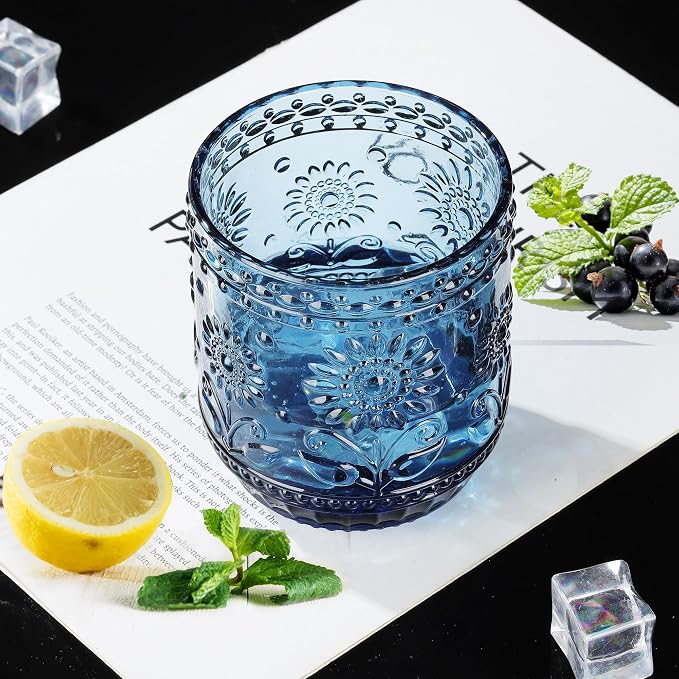 Joeyan Vintage Drinking Glasses, Embossed Floral Colored Glassware, Cocktail - Image 2
