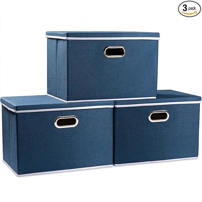 PRANDOM Large Collapsible Storage Bins with Lids [3-Pack] Fabric Foldable Storage Boxes Organizer Containers Baskets Cube with Cover for Home Bedroom Closet Office Royal Blue(17.7x11.8x11.8)