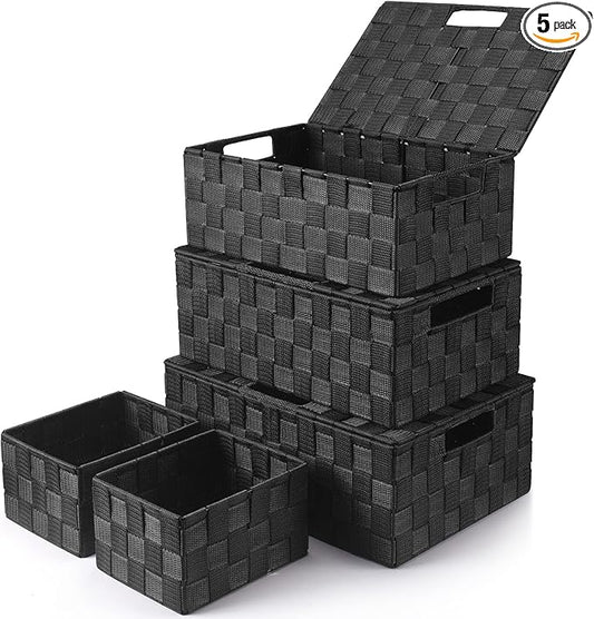 Storage Bins Baskets for Organizing with Lids, Storage Baskets for Shelves Stackable Woven Basket, Gift Small Basket Storage Cubes, Decorative Wicker Basket with Built-in Handles (5 Pack, Black)
