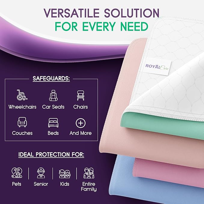 Incontinence Bed Pads - 4 Pack 34" x 36" Reusable Waterproof Mattress Protectors - Highly Absorbent, Machine Washable - for Children, Pets and Seniors - Multi Color - Royal Care