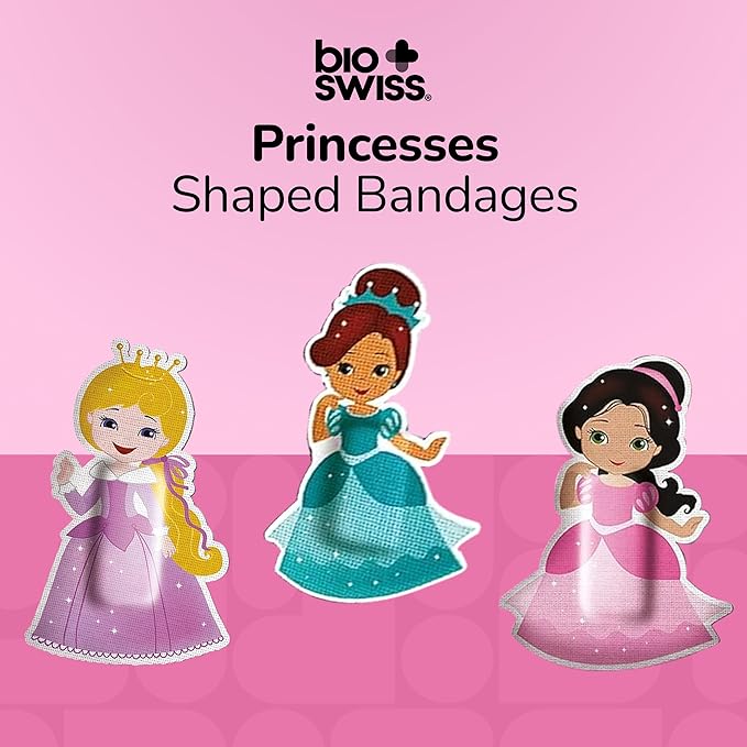 BioSwiss Bandages, Princess Shaped Self Adhesive Bandage, Latex Free Sterile Wound Care, Fun First Aid Kit Supplies for Kids, 24 Count