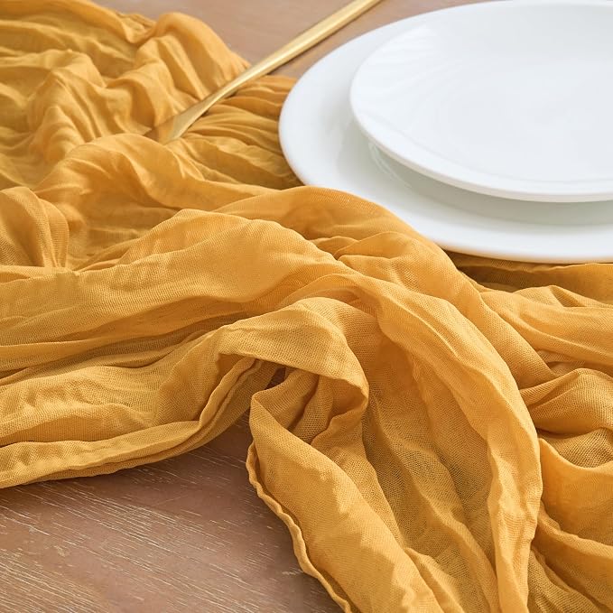Asee'm Gold Yellow Cheesecloth Table Runner Summer 10FT Boho Rustic Gauze | - Image 4