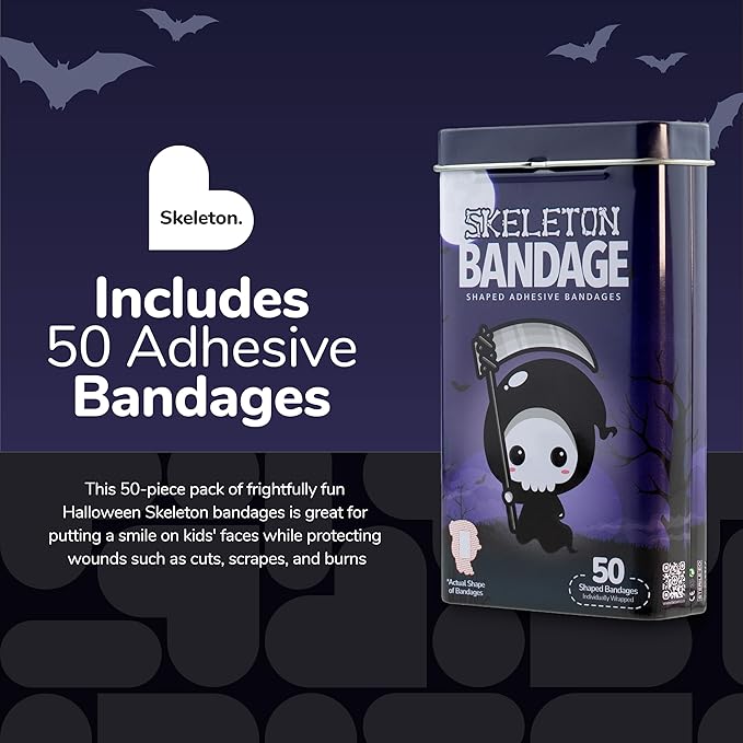 BioSwiss Bandages, Halloween Skeleton Shaped Self Adhesive Bandage, Latex Free Sterile Wound Care, Fun First Aid Kit Supplies for Kids, 50 Count
