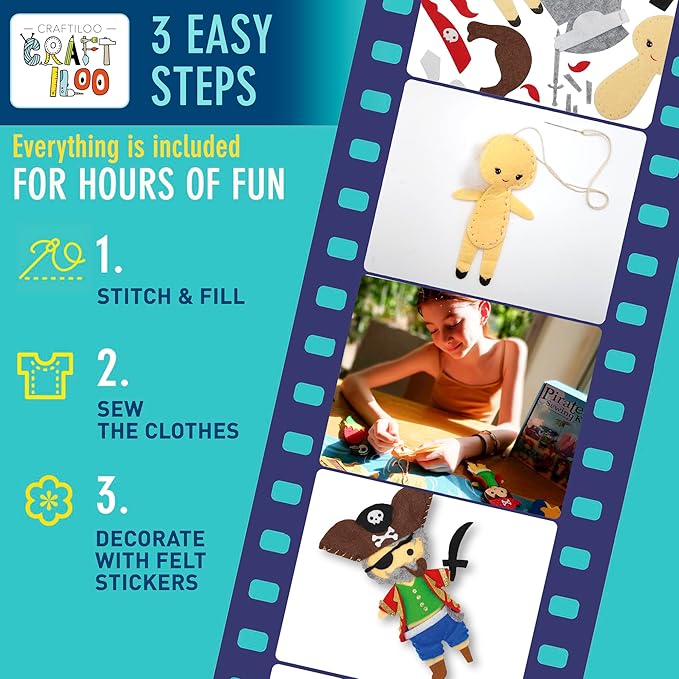 CRAFTILOO Pirates Pre-Cut Fun Kids Sewing Kit for Kids Ages 8-12 Children Beginners Sewing kit Kid Crafts Make Your Own Felt Pillow Plush Craft Kit Girls and Boys Art Craft Kits Learn to Sew Kit