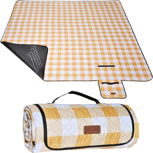 HX&OD Outdoor Picnic Blanket, Extra Large, 80''x60'' Waterproof Foldable Blankets Gingham Picnic Mat for Beach, Camping Grass Lawn Park Accessories Cute Couple Ideas Wedding (Yellow, 80”x60”)