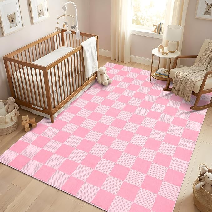 GarveeHome Checkered Blush Pink and White 4x6 Washable Rug Geometric Diamond - Image 2