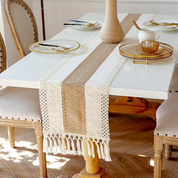 EMMTEEY Boho Table Runner with Tassels 36 Inches Long, Cream Brown | Handmade - Image 4