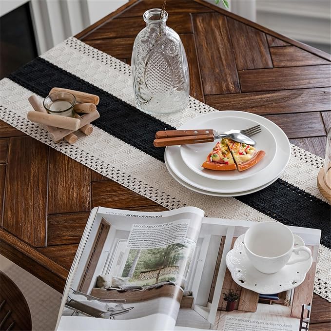 Macrame Table Runne Beige and Black Boho Runners - Image 2