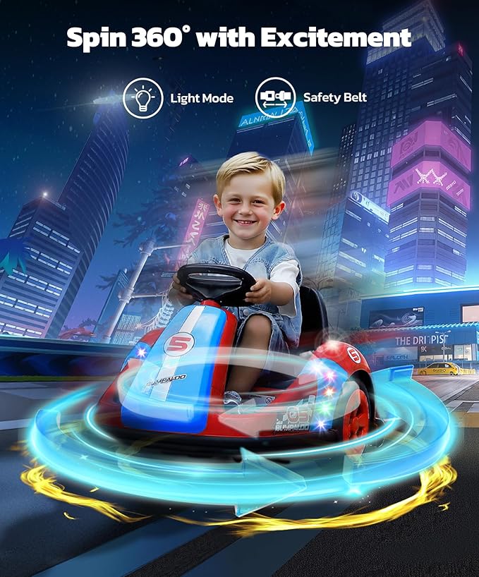 ELEMARA Bumper Cars for Kids with Big Wheels, 2.2 Mph, 12v Electric Ride On Toys with Remote Control, 360 Degree-Spin Bumper Car for Toddlers with DIY Stickers, Bluetooth, Music, LED Light, Red