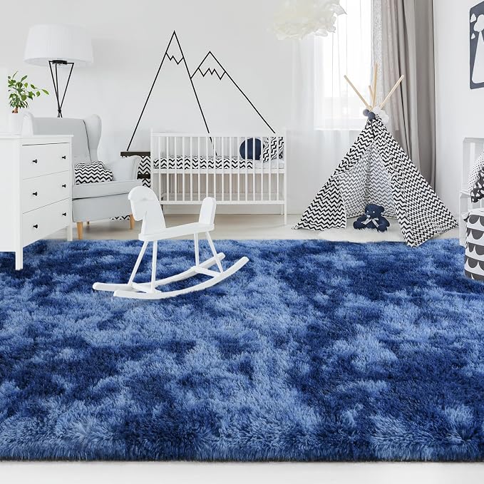 FlyDOIT Large Area Rugs for Living Room, 4x6 Feet Tie-Dyed Navy Blue Shaggy Rug - Image 4
