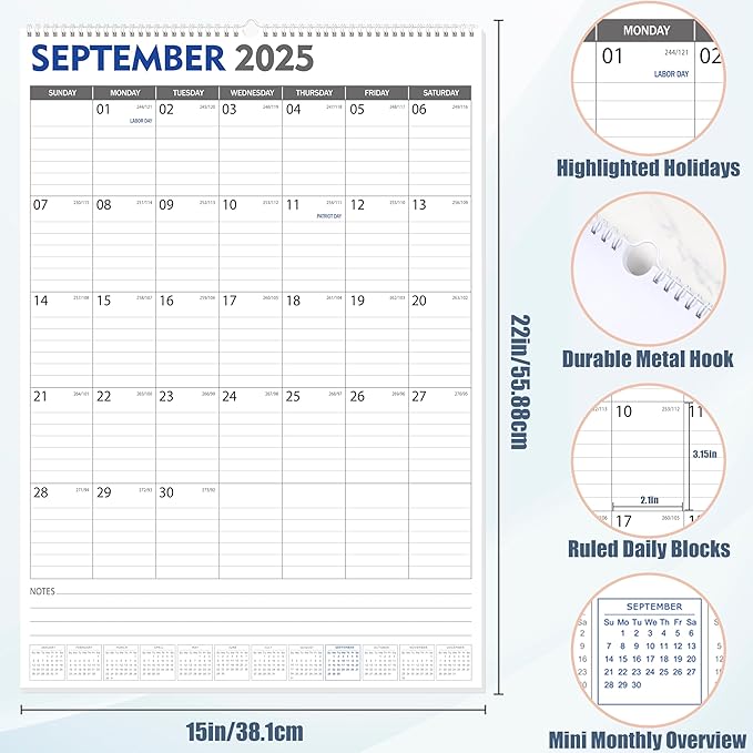 GuassLee Large Wall Calendar 2025-2027, 22"x15" Big Academic Wall Calendar 19-Month Sept. 2025 - Mar. 2027, 2026 Hanging Wall Planner with Julian Date Big Grid for Home School Office Planning