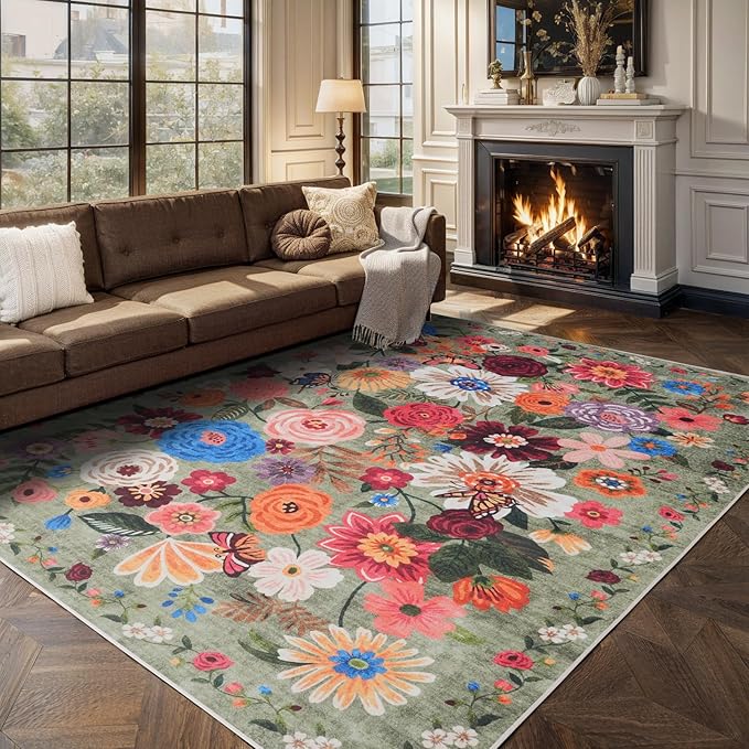 Washable Area Rug 8x10 Green, Large Soft Floral Rug - Image 6