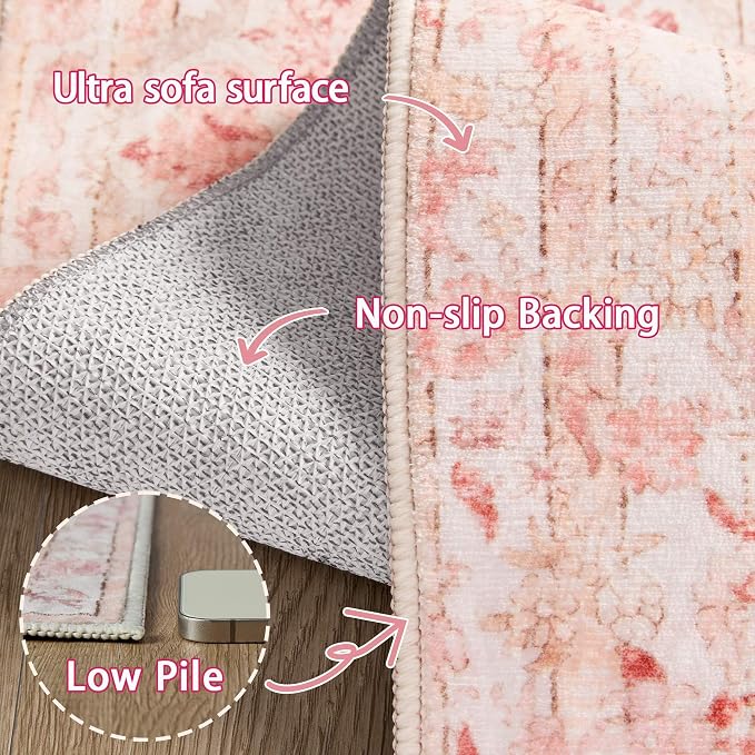 Latte&Fog Large Area Rugs 6x9, Vintage Washable Pink Rugs - Image 7