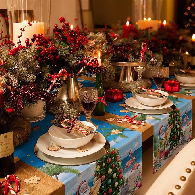 Coastal Christmas Table Runner 108 Inches Long, Xmas Tree Santa Beach Table - Image 6