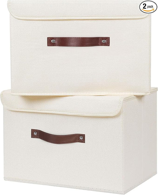 ANMINY 2PCS Storage Bins with Lid PU Leather Handles Storage Boxes PP Plastic Board Decorative Foldable Lidded Cotton Linen Fabric Home Cubes Baskets Closet Organizer Containers - Beige, Large Size