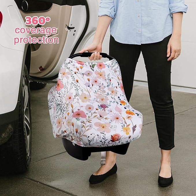Rquite All-in-1 Car Seat Cover Baby, Carseat Covers for Girl Boy, Stretchy Soft Infant Car Seat Cover, Multi-use Baby Carrier Cover, Car Seat Canopy, Stroller Sun Shade, Nursing Breastfeeding Cover