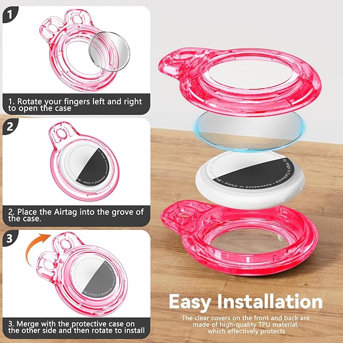 Upgrade Waterproof 4 Pack Airtags Holder with Apple Airtags Keychain, Hard PC Clear Air Tag Case, Anti-Scratch & Shock Air tag Holder, Men's Women's Keyrings & Keychains-Black+Red+Pink+Purple