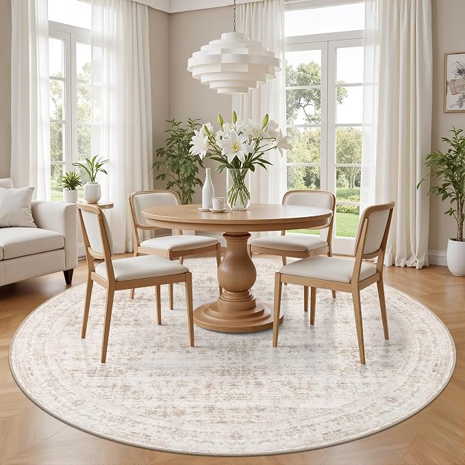 Round Area Rug for Living Room: 4 ft Washable Vintage Boho Soft Thin Circle Rug - Image 3