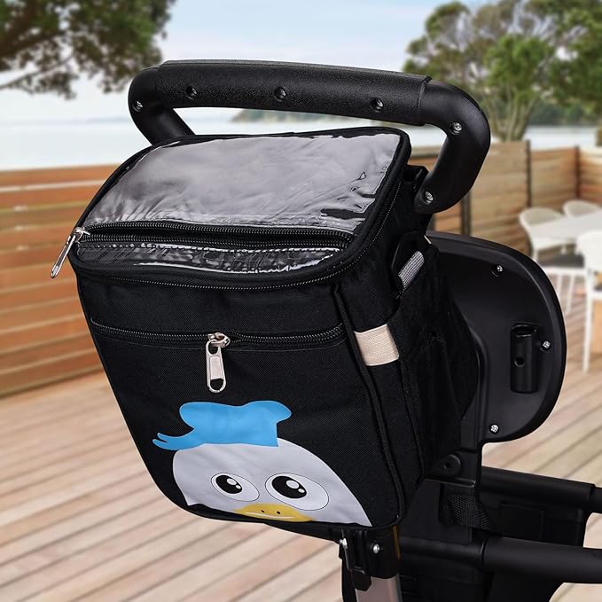 Baby Stroller Organizer Bag，Small Diaper Bag - Universal Stroller Organizer With Insulated Cup Holder,Pocket With Baby Wipes Dispenser，Adjustable Shoulder Strap(Black)