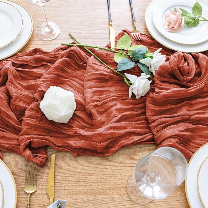 Cheesecloth Fall Table Runner Terracotta 10FT Boho Gauze, 2 Pack | 120 Inch - Image 5