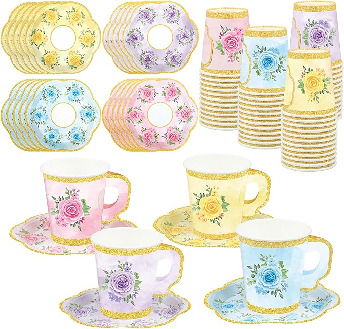 24 Sets Floral Paper Tea Cups and Saucers Disposable Tea Party Supplies by Fairooth